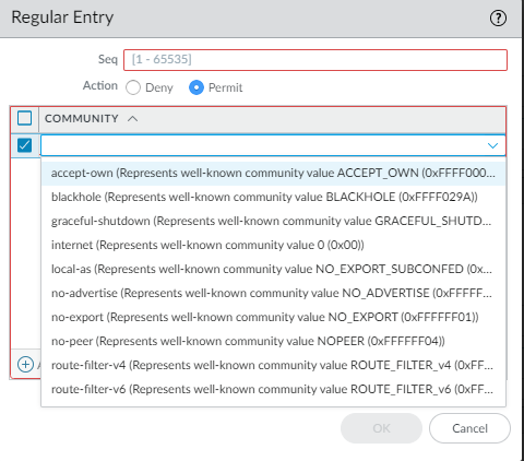 Regular Community List entry configuration.
